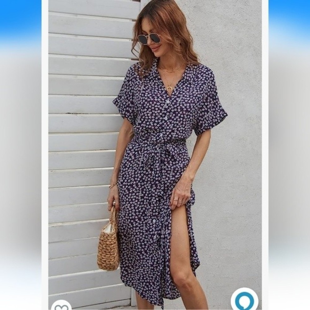 BROVAVE Short Sleeve Shirt Button Down Polka dot Midi dress Spring